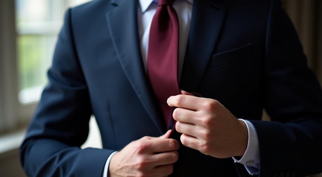 Un uomo elegante che sistema il nodo della cravatta su una camicia su misura