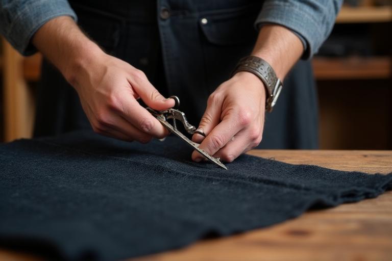 Sarto al lavoro su una giacca maschile in atelier