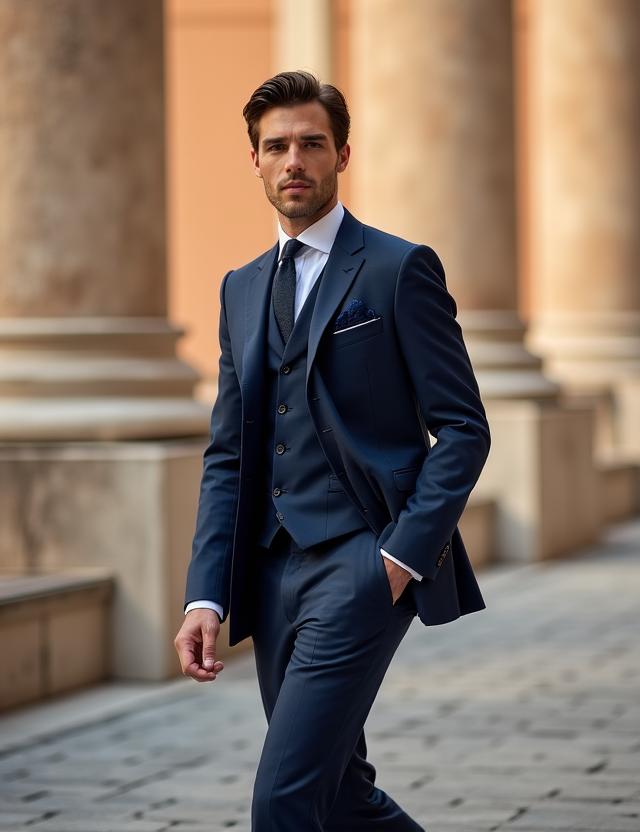 Abito tre pezzi blu navy indossato