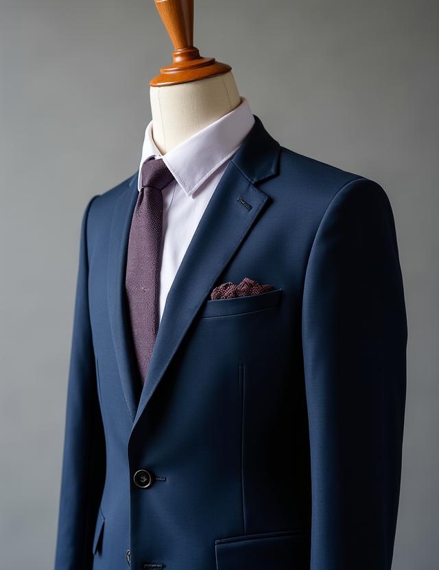 Dettaglio abito tre pezzi blu navy su fondo neutro