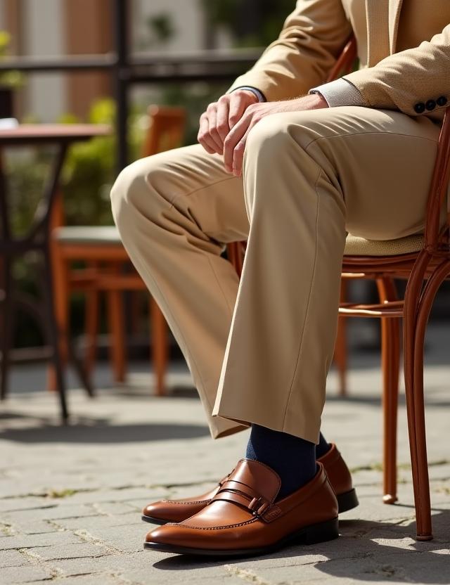 Pantaloni chino sabbia indossati in contest urgano